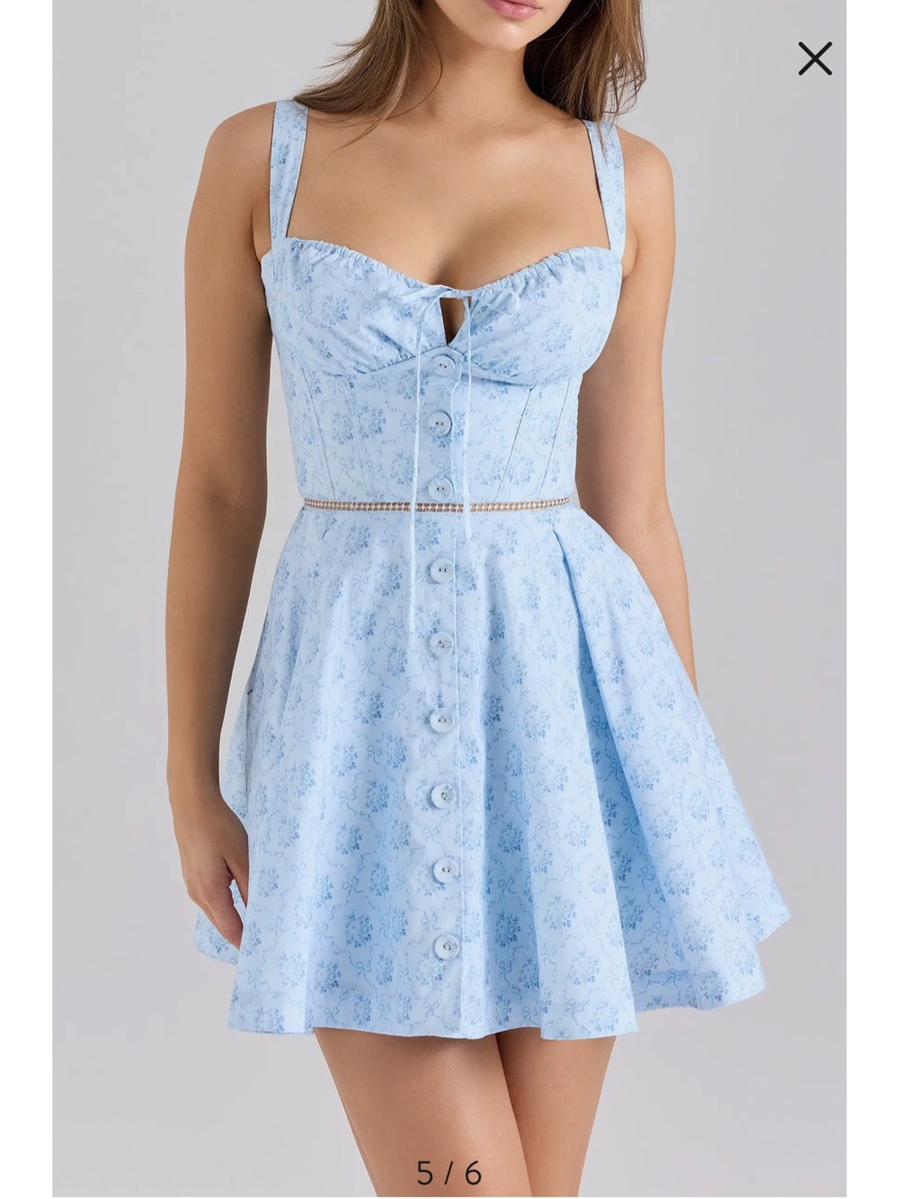 HOUSE OF CB Light Blue Floral Sundress with Button Front and Tie Bodice